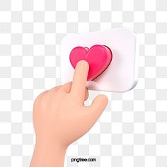 a hand holding a pink heart on top of a white square button, with two hearts in the middle