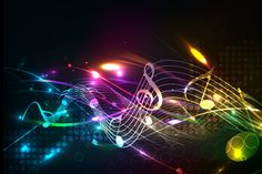 an abstract music background with colorful lights and musical notes on dark blue, green, yellow and pink colors