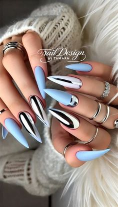 Cool Chrome Nail Designs, Dragon Nails, Sky Nails, Glittery Nails, Silver Nail, Geometric Nail, Dope Nail Designs, Silver Nails, Hot Nails