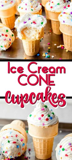 ice cream cone cupcakes with white frosting and sprinkles on top