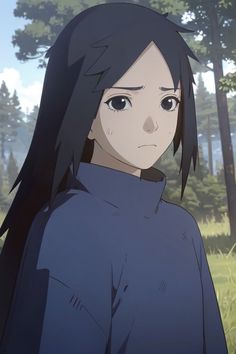 an anime character with long black hair standing in front of trees and looking at the camera