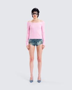 Be the talk of the town in this subtle, yet iconic two-piece set 💕 Featuring a pink off-shoulder top paired with blue belted denim mini shorts, you’ll have them all doing a double take 😜 Chic Pink Short Length Top, Chic Pink Short-length Tops, Pink Off-shoulder Top For Summer, Trendy Fitted Pink Off-shoulder Top, Trendy Pink Fitted Off-shoulder Top, Trendy Pink Short Length Top, Pink Jean Shorts For Spring Day Out, Pink Off-shoulder Top For Spring, Denim Set