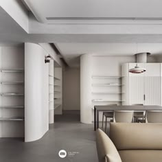 a living room filled with furniture next to a white book shelf and shelves on the wall