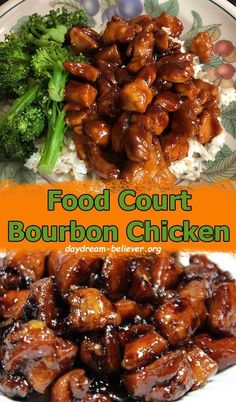 food court bourbon chicken on a plate with broccoli and rice in the background