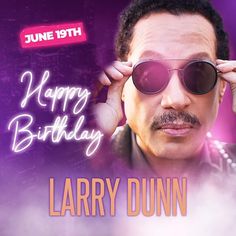 a man wearing sunglasses and holding his hands to his ears with the words happy birthday on it