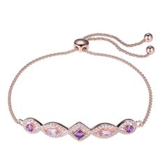 Sterling Silver Rose Gold Plated adjustable bolo bracelet with 030 round wheat chain with African Amethyst, Pink Amethyst surrounded by Created White Sapphire. Amethyst Bracelet Gemstones, Adjustable Purple Cubic Zirconia Jewelry, Bridal Choker, Bolo Bracelet, Fun Clothes, Amethyst Bracelet, Dresses Lace, Pink Amethyst, White Sapphire