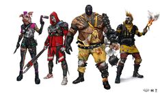 five characters from the video game overwatch standing next to each other in different outfits