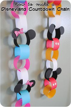 mickey and minnie mouse headbands hanging on the wall with text overlay that says how to make a disneyland countdown chain