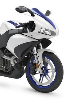 a white and blue motorcycle on a white background