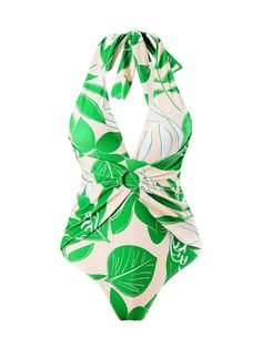 Green 1960s Plant Prints Halter One-Piece Swimsuit | Retro Stage Chic Green Swimwear For Spring, Fem Clothes, Waves On The Beach, Swimsuit Green, Plant Prints, Halter Swimsuit, Retro Swimsuit, Standard Dress, Green Swimsuit