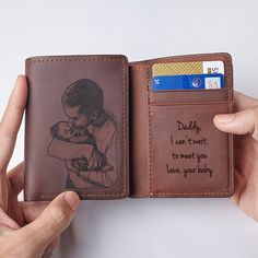 "Our engraved trifold leather wallets are great for New Dad in Anniversary Gifts, Father's day gift, and even as a Birthday Gift. All wallets are personalized with your photo on the front side as well as take the opportunity to deliver a thoughtful handwritten message inside. P R O D U C T ∙ I N F O * Materials: Genuine Leather * Personalization: - Front: Your image - Inside left & right: you can also personalize the inside with any message you want * Features: - 6 credit card slots - 1 slip Brown Wallet For Father's Day, Brown Wallets For Father's Day, Brown Trifold Wallet For Father's Day, Trifold Wallet With Card Slots As Gift, Bifold Card Holder For Father's Day Gift, Father's Day Gift Trifold Wallet With Card Slots, Father’s Day Gift Trifold Wallet With Card Slots, Personalized Brown Trifold Wallet For Father's Day, Father's Day Gift Trifold Wallet