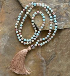 Amazonite Beaded Mala Tassel Necklace Real Diamond Necklace, Amazonite Jewelry, Yoga Necklace, Mala Bead Necklace, Dainty Diamond Necklace, Beaded Tassel Necklace, Color Stones