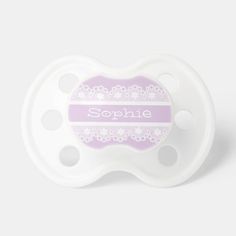 a baby pacifier with the name sophiie on it's front side