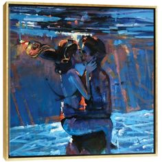 an oil painting of two people in the water hugging each other with their arms around one another