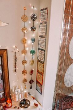 there are many items hanging on the wall