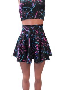 "Please measure yourself to choose the correct length Black with splatter paint print spandex skater skirt 15\" shown on mannequin.High waist skirt can be worn lower or higher most skirts allow you to place the waistline where it suits you on your particular body shape and personal desire! this fun flirty skirt is a full circle design and can be ordered in lengths of 10 inch, 12 inch, 15 inch and 19 inch- if you need a longer length contact me for a quote. Any of my items can be made in any span Fitted Rave Mini Skirt For Spring, Fitted Multicolor Party Shorts, Fitted Rave Skirt For Spring, Spring Rave Fitted Skirt, Spring Fitted Rave Skirt, Fitted Mini Skirt For Cheerleading In Spring, Fitted Mini Skirt For Spring Cheerleading, Spring Cheerleading Fitted Skirt, Fitted Black Mini Skirt For Cheerleading