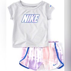 Nike Girls 2 Piece Outfit Features A Tee With A Round Neckline, Short Sleeves With Swoosh At Left Sleeve, Nike Logo Print Front Chest And The Tie-Dyed Printed Shorts Have An Encased Elastic Waistband, Contrast Binding, Swoosh Heat Transfer Left Leg Nike Girl Outfits, Cute Toddler Girl, Clothes Nike, Blue Tracksuit, Toddler Girl Clothes, Girls Applique, Nike Baby, Nike Sweater, Nikes Girl