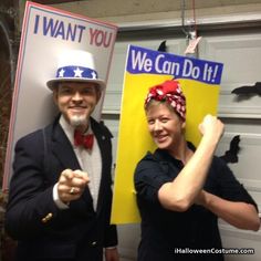 two people dressed up in costumes and holding signs that say we can do it, i want you