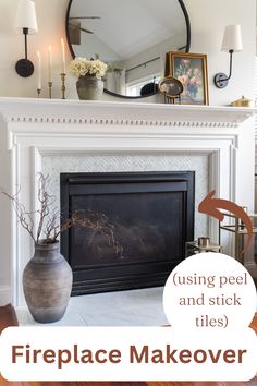 a fireplace with a mirror above it and some vases on top of the mantle