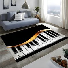 a living room filled with furniture and a piano on top of a rug in front of a window