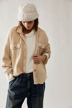 An effortlessly cool lightweight waffle-knit jacket from our FP One collection with a so slouchy, lived-in look. **The Fit:** Extra slouchy and oversized; longer in the back; dropped dolman sleeves **The Features:** Button-up collared design; front flap pockets; raw-edge hems **Why We | FP One Scout Jacket at Free People in Salt, Size: Large Pink Flannel, Corduroy Shirt, Work Shirt, Vintage Button, Corduroy Jacket, Work Shirts, Knit Jacket, Dolman Sleeve, Cute Tops