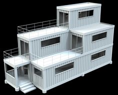 three white shipping containers stacked on top of each other with windows and balconies