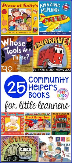 the 25 community helpers books for little learners are featured in this postcard