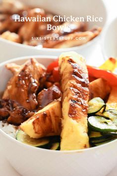 two bowls filled with chicken and vegetables on top of white table cloth next to each other