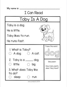 a worksheet for reading the words i can read and to be followed by a dog