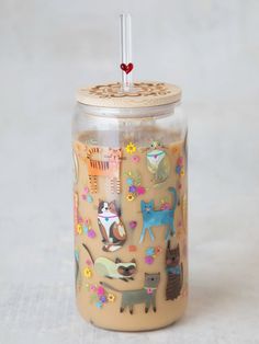 Glass Tumbler With Lid & Straw - Cat-view 1 Gifts For Others, Cute Tumblers, Palm Leaf Plates, Prayer Box, Boho Kitchen, Iced Latte, Travel Work, Iced Drinks, Stainless Steel Straws