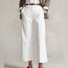 Ralph Lauren Classic Cream White Pants. Elevated Silk And Linen Blend White Cream Pant With A Zip And Button Closure. Features Belt Loops. Brand New With Tags! Measurements 17” Waist 41.5” Long 31” Inseam Spring Pants, Cream Trousers, Trousers Details, Womens Chinos, Wide Leg Cropped Pants, Lauren White, Twill Pants, Wide Leg Pant, Ralph Lauren Womens