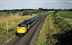 a yellow and black train traveling down tracks next to grass, trees and other fields