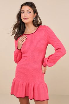 Winter dates are always cuter in the Lulus Coziest Poise Pink Cable Knit Long Sleeve Sweater Mini Dress! Soft and stretchy cable knit shapes this chic dress that has long balloon sleeves and a scoop neckline. Bodice has a flattering silhouette and falls to a fitted waist, atop a bodycon skirt that ends at a ruffled, ribbed mini hem. Dark pink trim accents the neckline, ribbed cuffs, and hem. Fit: This garment fits true to size. Length: Mid-thigh. Size medium measures 33.5" from shoulder to hem. Winter Dates, Dresses Casual Boho, Pink Sweater Dress, Cable Knit Dress, Sweater Mini Dress, Pink Dress Short, Bodycon Skirt, Long Sleeve Knit Dress, Pink Trim