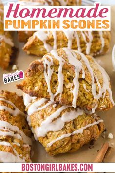 Close-up of golden brown Pumpkin Scone with a pumpkin spice glaze, drizzled artfully on parchment paper. A small bowl of white chocolate chips adds a sweet touch, accompanied by a cinnamon stick for extra warmth. The scones are flaky in texture and perfect for autumn treats. Best Pumpkin Scones Recipe Ever, White Chocolate Pumpkin Scones, White Pumpkin Recipes, Pumpkin Scones Recipe, Blueberry Scones Recipe, Scone Recipes, Baked Recipes, Box Recipes, Pumpkin Scones