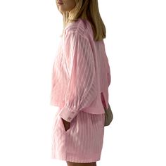 Pink Jacquard 100%cotton Button Shirt and Shorts Set Pink Cotton Sets For Day Out, Cotton Collared Sets For Day Out, Collared Cotton Sets For Day Out, Spring Daywear Button-up Sets, Daywear Sets With Pockets And Long Sleeves, Spring Button-up Daywear Sets, Spring Button-up Sets For Daywear, Pink Cotton Sets With Buttons, Cotton Shirt With Button Cuffs For Loungewear