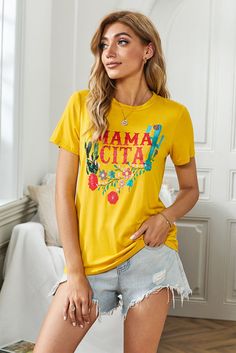 Light Gray MAMACITA Graphic Round Neck Tee Shirts & Tops Desert Chic, Round Neck Tees, Print Style, Fashion Graphic, Basic Style, Sleeve Type, Fashion Pants, Fashion Prints, Sleeve Styles