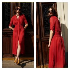 New With Tag, Size S Fabric Polyester Chiffon Red Short Sleeve Midi Dress For Daywear, Chic Red Ruched Maxi Dress, Red Ruched Flowy Dress, Elegant Red Flowy Dress, Elegant Flowy Red Dress, Red Summer Midi Dress For Casual Occasions, Red Midi Dress For Daywear In Spring, Chic Red Pleated Maxi Dress, Spring Red Pleated Dress