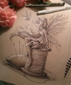 a pencil drawing of a fairy sitting on top of a hat with flowers in the background