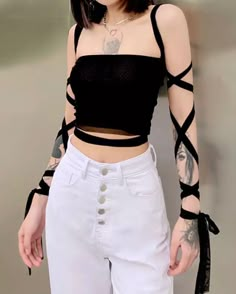 Black Crop Top For Cosplay, Tech Wear Crop Top, Kawaii Black Top For Streetwear, Black Punk Crop Top For Cosplay, Grunge Aesthetic Clothes, Sexycore Outfit, Bandage Crop Top, Summer Streetwear, Wrap Crop Tops