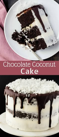 chocolate coconut cake on a white plate with text overlay