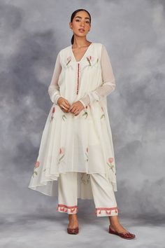 Off white handwoven anarkali with hand painted tulips and high low front back. Paired with a straight pant with attached tassels and matching hand painted dupatta with attached tassels. - Aza Fashions White Fitted Anarkali Set For Spring, White Fitted V-neck Kurta, Spring White Anarkali Salwar Kameez, White Bollywood Anarkali Set For Spring, Spring White Bollywood Anarkali Set, White Anarkali Set With Floral Embroidery For Spring, White Salwar Kameez With Traditional Drape For Spring, White Anarkali Kurta For Spring, Traditional White Anarkali Set For Spring