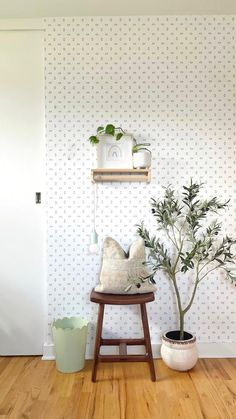 a wooden chair sitting next to a potted plant on top of a wooden table