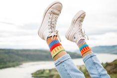 Like a cone of berry-flavored sherbet on a hot day, these socks will put a big smile on anyone's face. Colors in this sock: purple, lime green, red, orange, turquoise. Solmate Socks, Socks Aesthetic, Matching Socks, Sock Outfits, Orange Turquoise, Cozy Socks, Sport Style, Patterned Socks, Vans High Top Sneaker