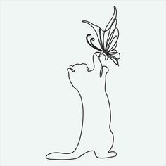 a black and white drawing of a cat with a butterfly on its head