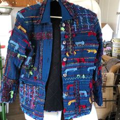 Beautiful Multi Colored Jacket With Quilted Inside Which Also Has Pockets. Blue Patchwork Long Sleeve Outerwear, Fall Patchwork Blue Blazer, Blue Patchwork Blazer For Fall, Fall Blue Patchwork Blazer, Fall Blue Blazer With Patchwork, Blue Patchwork Outerwear For Spring, Blue Long Sleeve Blazer With Patchwork, Blue Long Sleeve Patchwork Blazer, Long Sleeve Blue Blazer For Fall