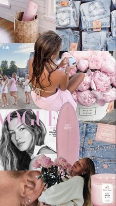 a collage of photos with pink and blue denims, flowers, and other items