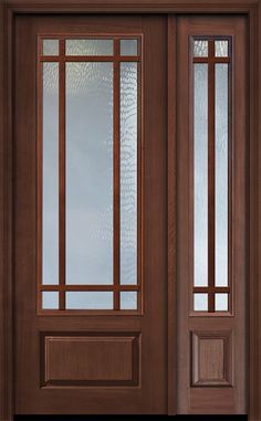 a wooden door with two sidelights and glass panels on the top part of it