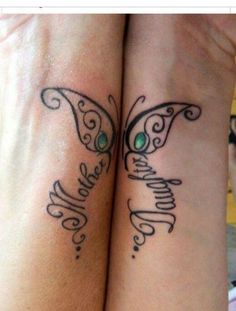 two girls with matching tattoos on their arms, one has a butterfly and the other has a name