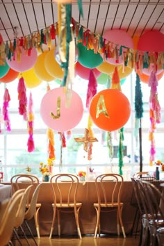 a room filled with lots of different colored balloons hanging from the ceiling and chairs in front of it