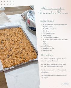 an image of baked granola bars in a pan on the table with instructions for baking